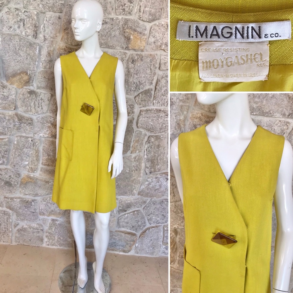 Vintage 1960s I. Magnin Moygashel Linen Mod Shift Dress with Giant Button